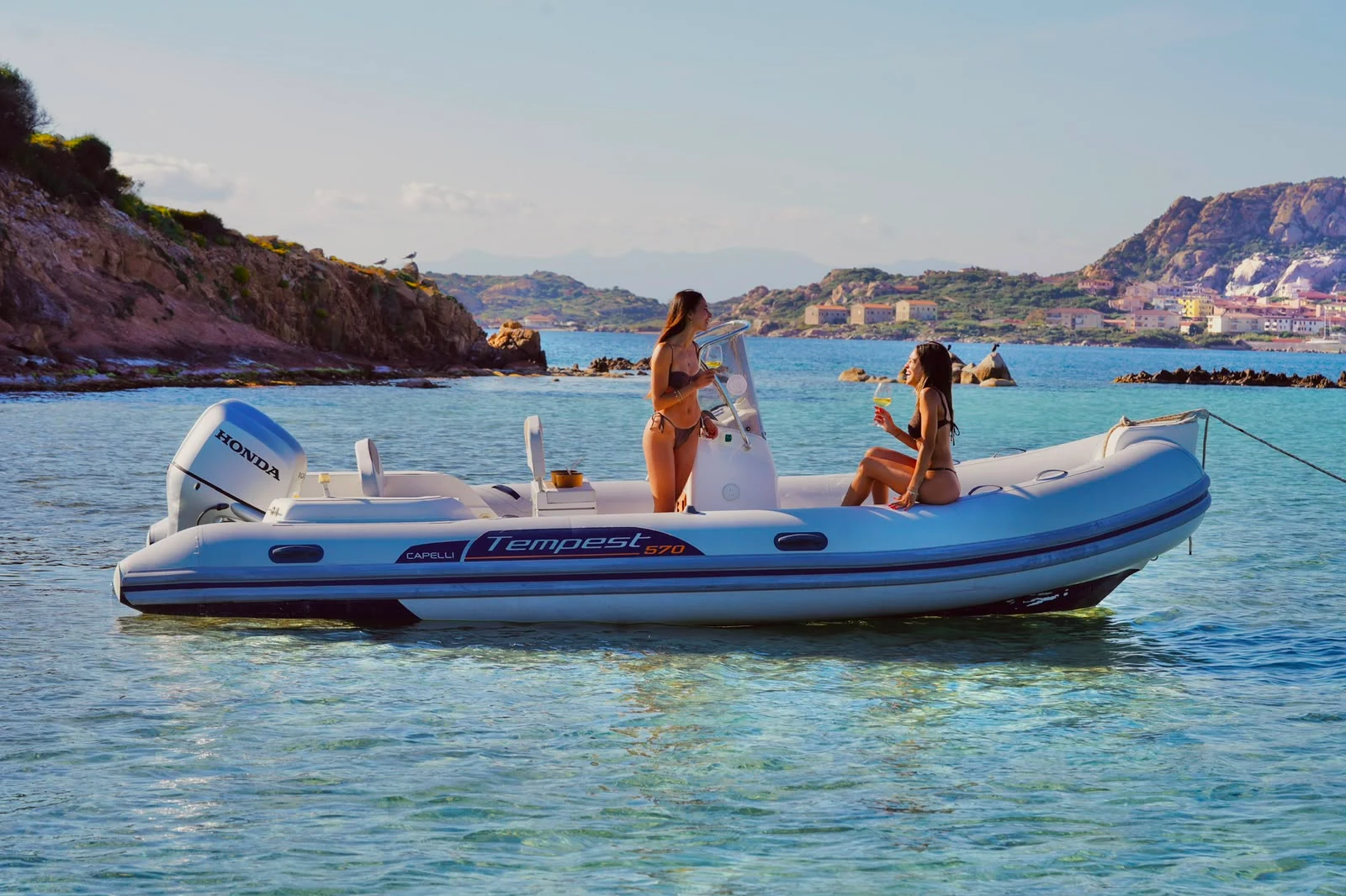 Capelli Tempest 570 RIB with Honda engine at anchor in the La Maddalena archipelago